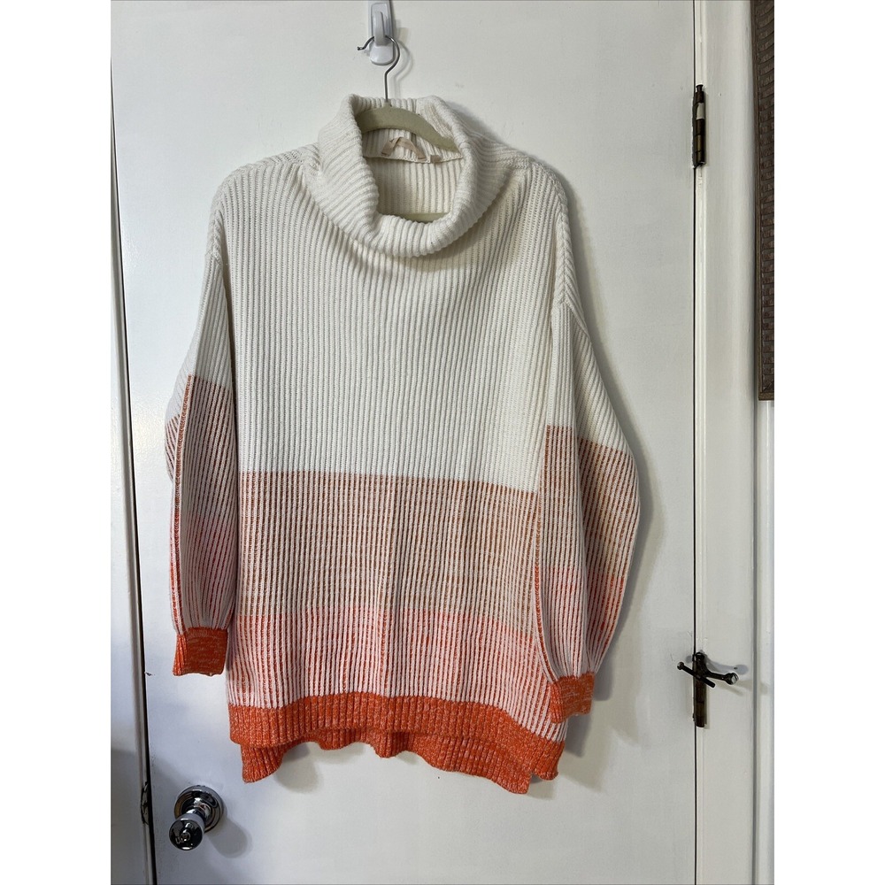 Soft Surroundings White & Orange Color Block Ribbed Knit Chunky Cowl Wool Sz M